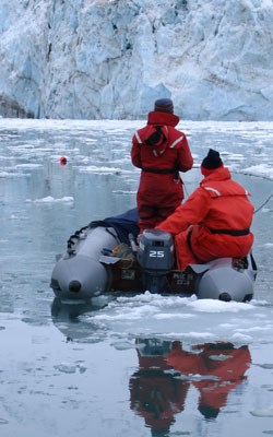Researchers monitoring nets for harbor seals in Johns Hopkins Inlet.