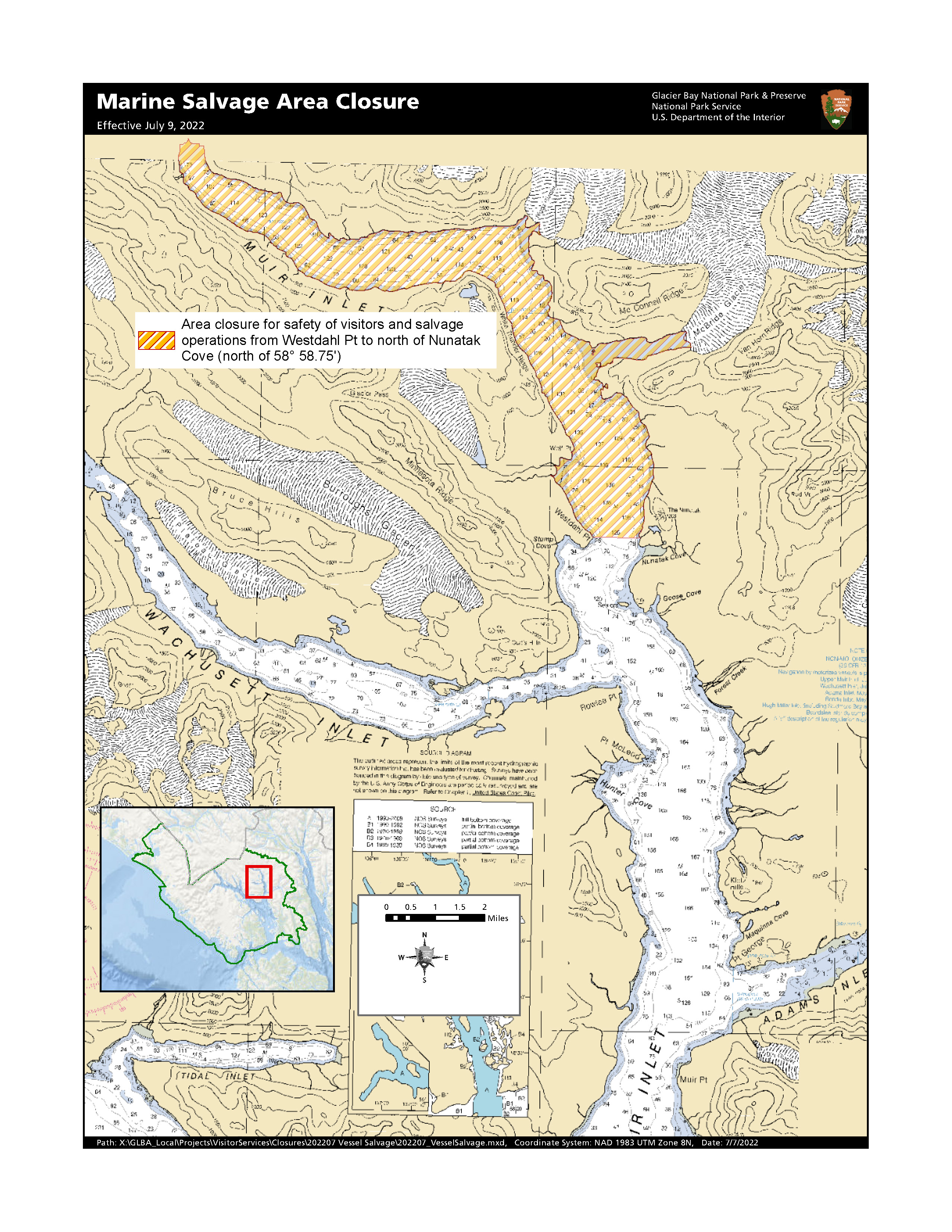 Map showing closed areas of Muir Inlet. Contact the Park for detailed coverage of closures.
