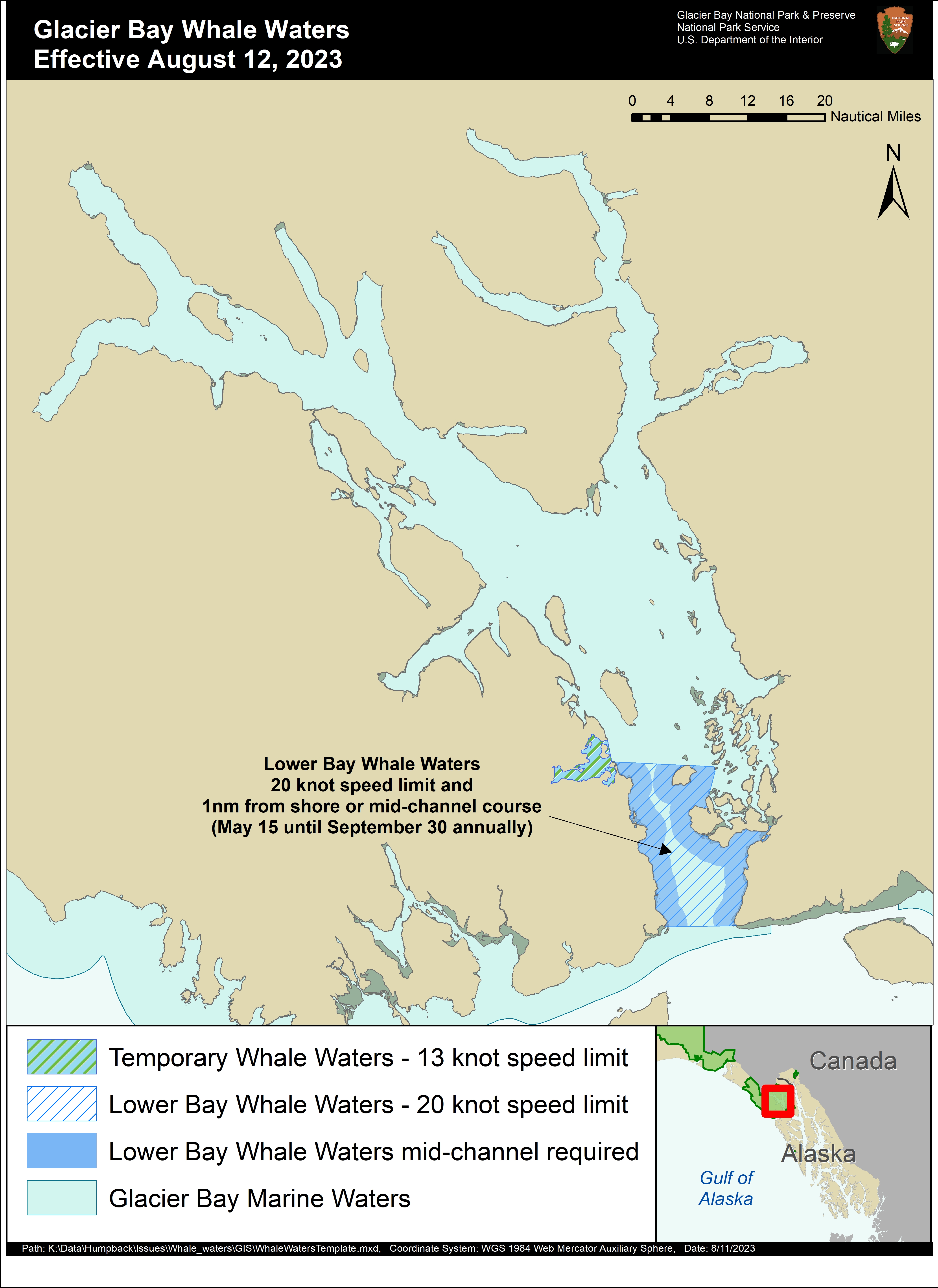 August 12 Whale Waters map showing closures in the lower bay and western portion of the mid bay. Contact the Visitor Information Station for precise details 907-697-2627.
