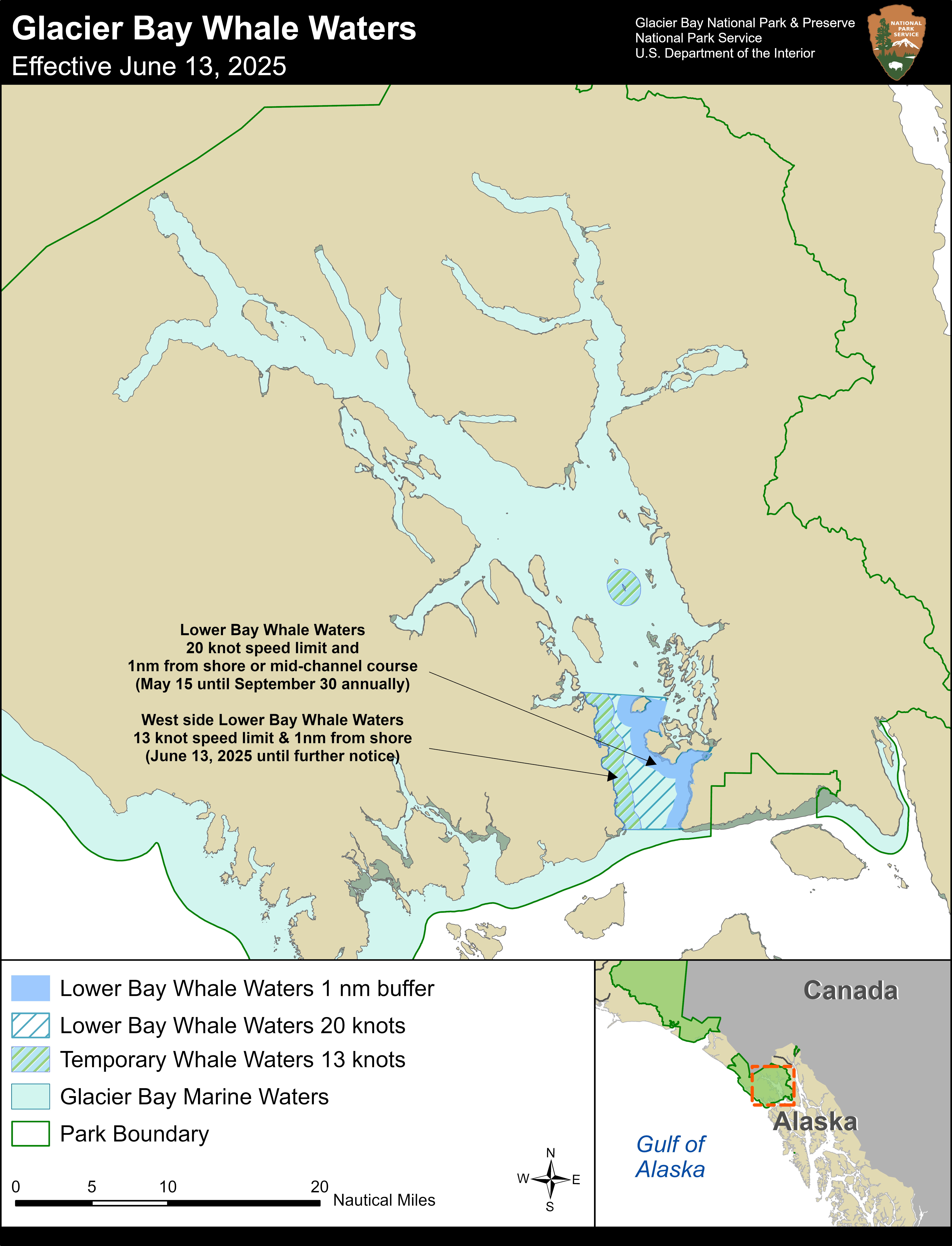 June 13 2025 Whale Waters Map. Please contact the Glacier Bay visitor information station for precise details of this map 907-697-2230