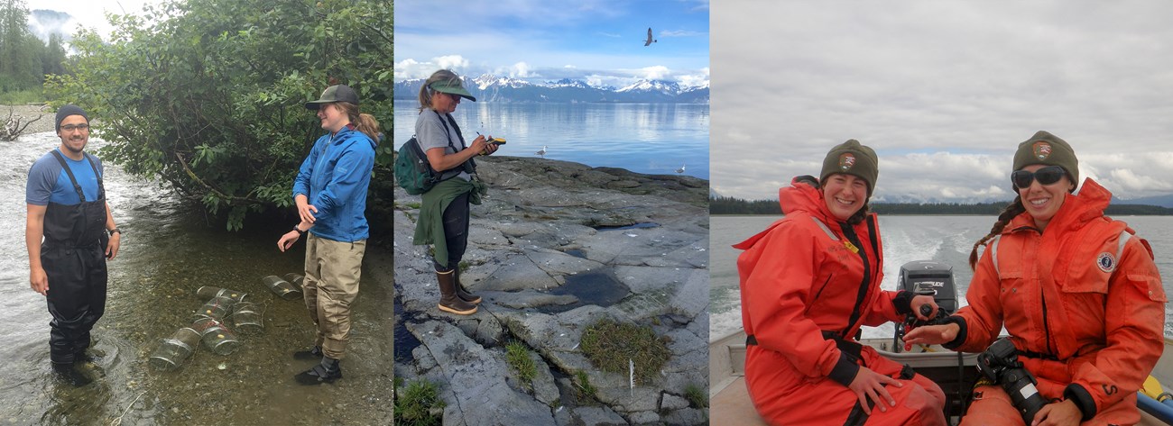 A 3 photo collage. The left photo: 2 scientists stand in shallow water, several small research traps in the water between them. Middle photo: A researcher takes notes standing on a rock beside the water. Final photo: Two boaters wear bright orange jackets