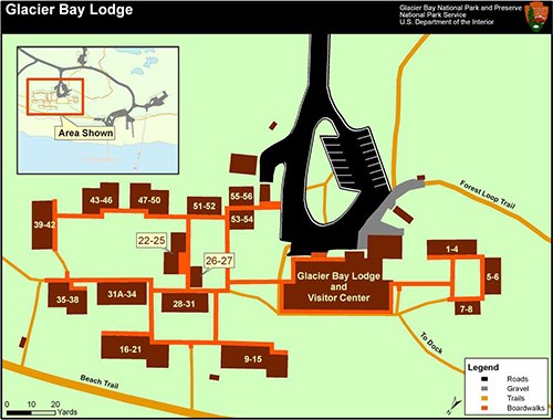 detailed map of individual room and building locations at the glacier bay lodge