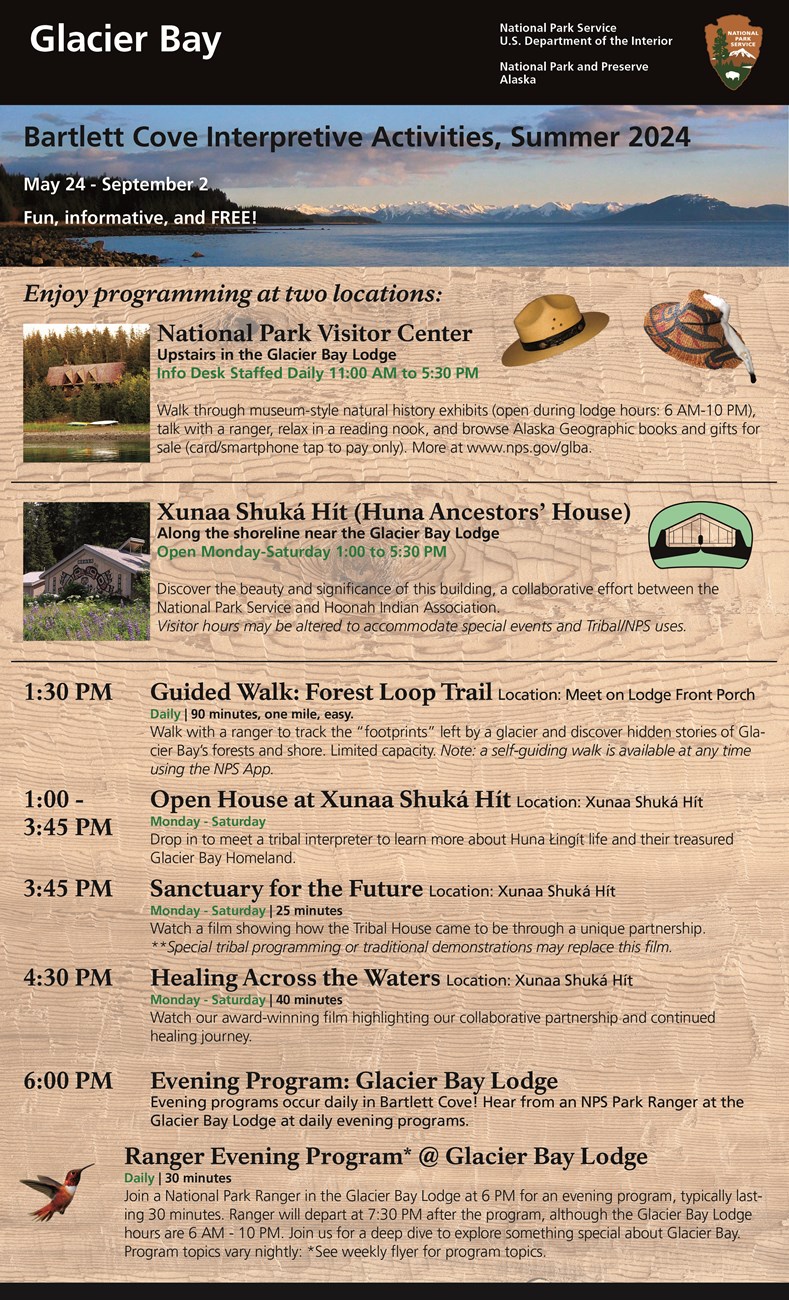The 2024 Bartlett Cove Ranger Program Schedule. Click the image for an accessible PDF or refer to the NPS.gov event calendar.