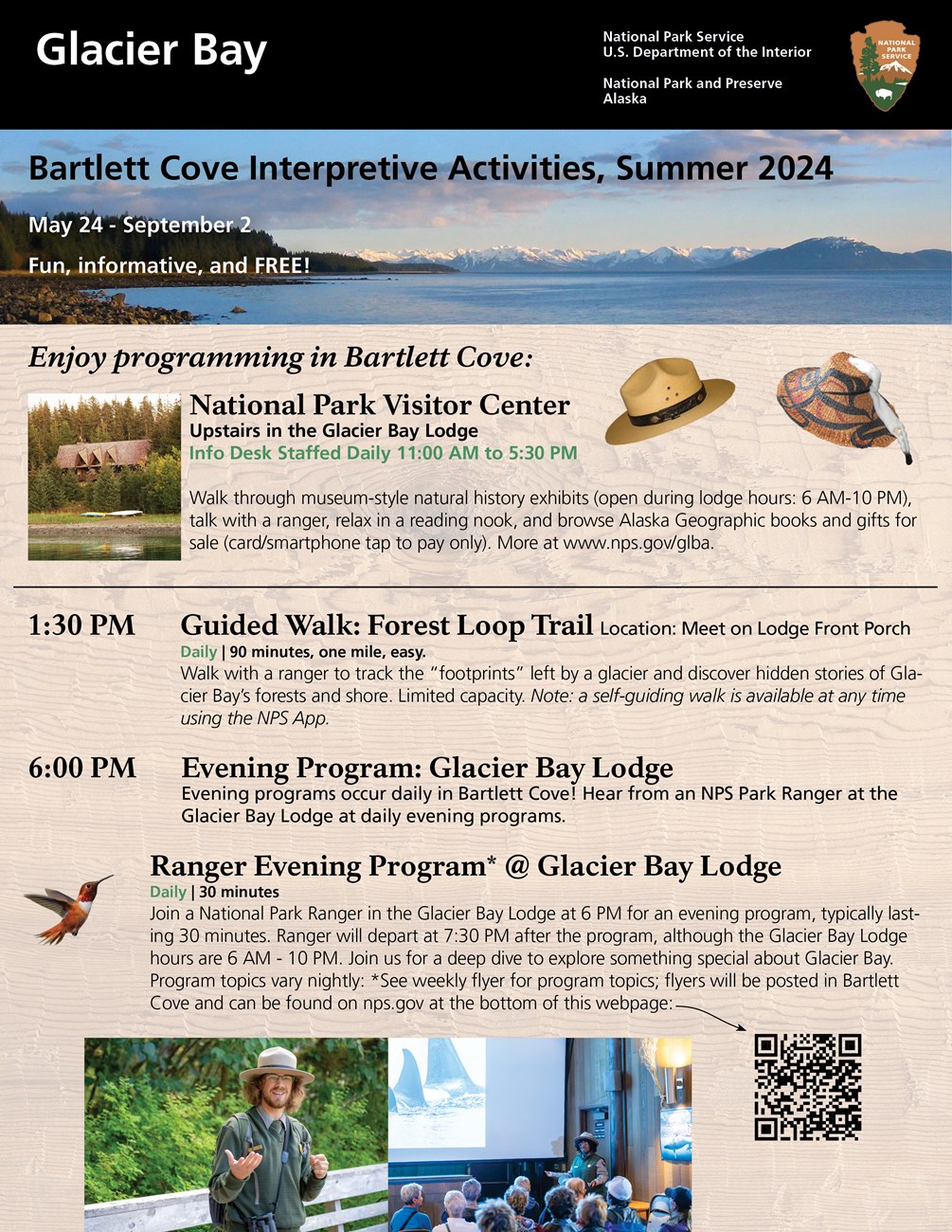 The 2024 Bartlett Cove Ranger Program Schedule. Refer to the NPS.gov event calendar for precise details.