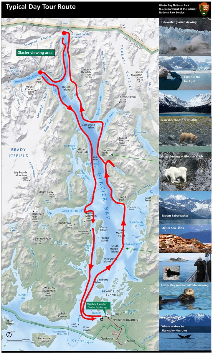 Map indicating the typical route taken by the Glacier Bay Day Tour Boat.