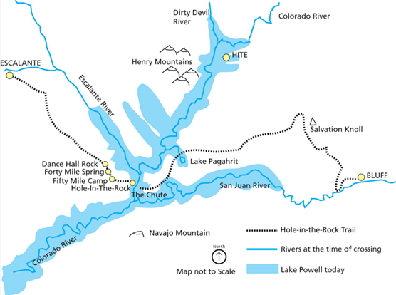 Map showing Hole in the Rock Trail starting in Escalante, crossing Lake Powell, and ending in Bluff