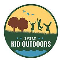 Every Kid Outdoors logo with illustration of children playing in grass by trees