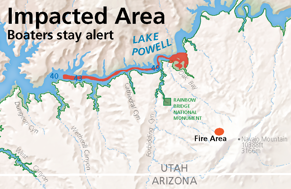 map of impacted area showing a 20 mile stretch of Lake Powell with the danger areas indicated in red. The fire is on the slope of Navajo Mountain.