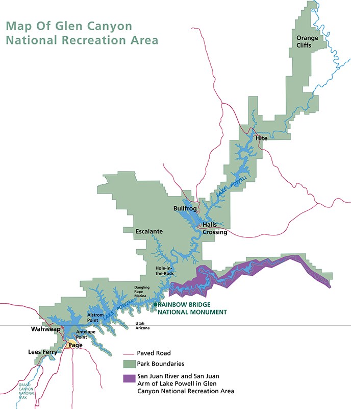 Map of Glen Canyon National Recreation Area. San Juan Arm of Lake Powell and San Juan River is highlighted.