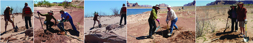 Montage of people burying boat anchors on beaches.
