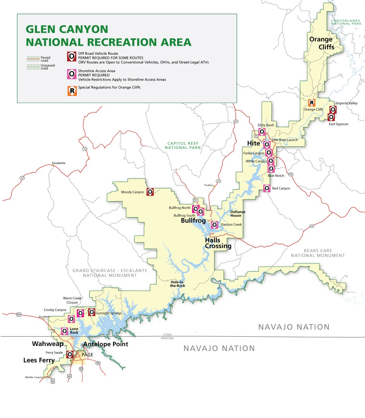 A map of Glen Canyon National Recreation area with 16 red arrowhead icons that can be selected to view ORV maps.