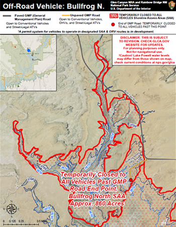 Bullfrog North Shoreline Access Area Map with area outlined in red closed to ORVs.