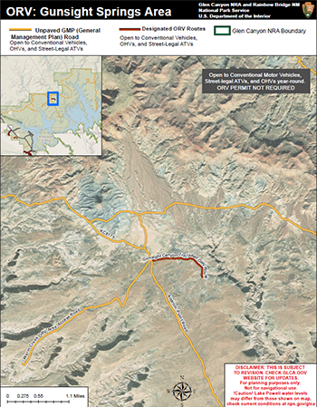 Gunsight Off Road Vehicle Map with roads marked as unpaved gmp road and designated orv route.