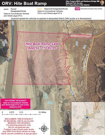 Hite Boat Ramp Shoreline Access Area Map with pink line indicating open area