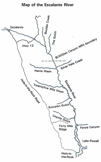 Simple map showing Escalante River corridor from Hwy 12 to Lake Powell