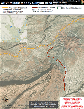 Middle Moody Canyon Off Road Vehicle Map with two roads marked as unpaved gmp road and designated orv route.