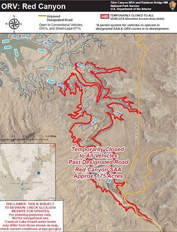 Red Canyon Shoreline Access Area Map with pink line indicating open area