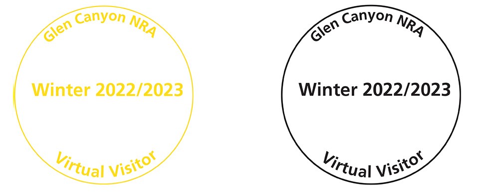 circles in yellow and black, text in circles: Glen Canyon Winter 2022/2023 Virtual Visitor