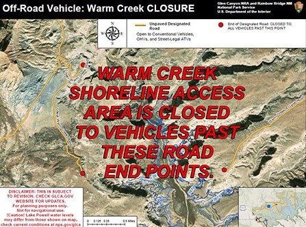 Warm Creek Shoreline Access Area Map with text overlay saying Warm Creek Shoreline Access is closed to all vehicles.