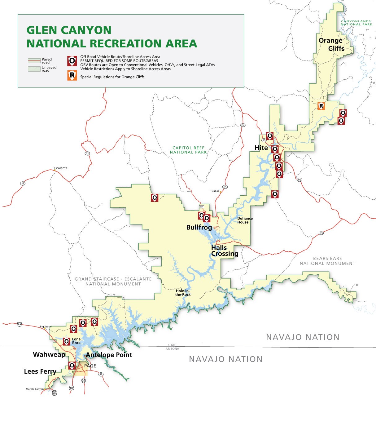 A map of Glen Canyon National Recreation area with 16 red arrowhead icons that can be selected to view ORV maps.
