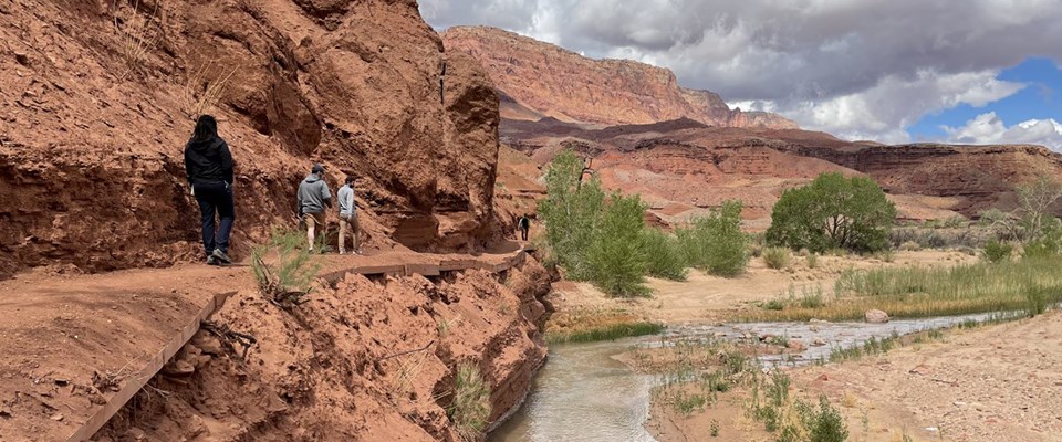 Hikers walk along raised dirt trail along a shallow clear river