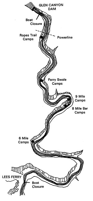 Line map of Colorado River between dam and Lees Ferry with designated campsites marked