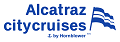 Alcatraz City Cruises logo with graphic of a flag and anchor and text that reads "by Hornblower"