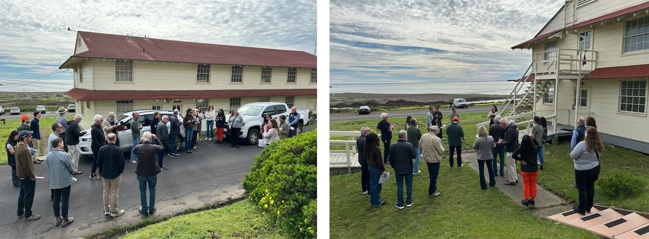 Groups of people stand in front of 2-story buildings near the beach