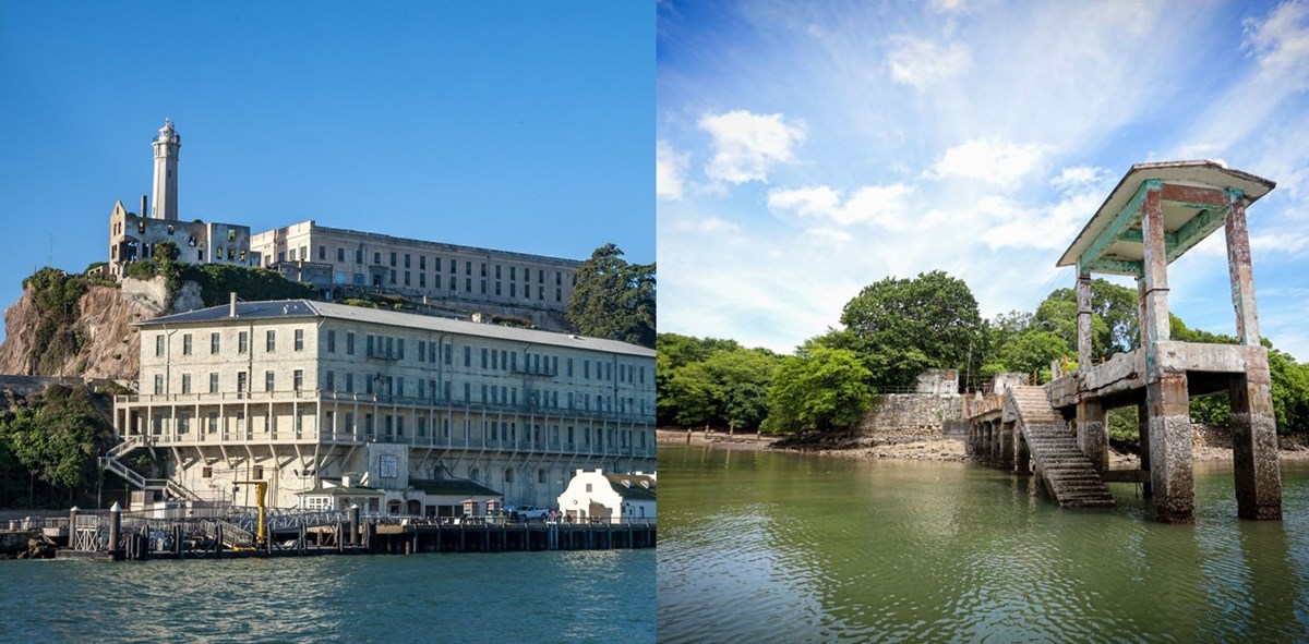A side-by-side photo of the docks at Alcatraz Island and San Lucas Island with water and trees in the background.