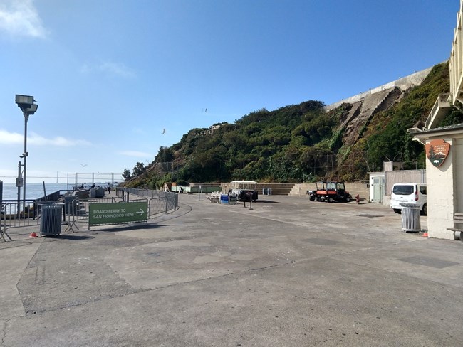 Concrete wharf looking towards ferry queue.