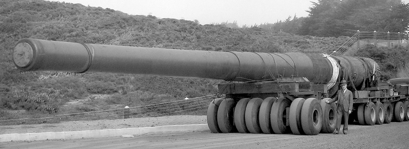 historic image of 16-inch gun on trailer