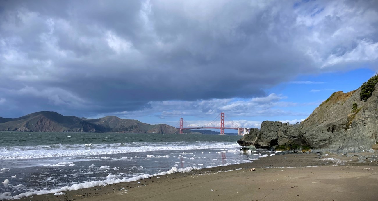 A beach on a cloudy day. Waves lap on the shore depositing tufts of seafoam. The Golden Gate Bridge is in the background.