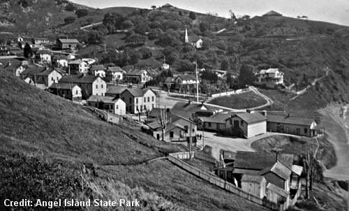 Early photo of Camp Reynolds on Angel Island, San Francisco Bay.