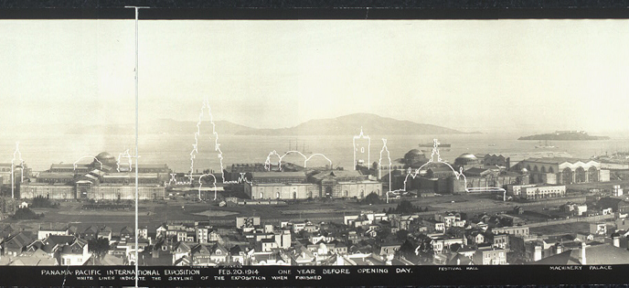 historic buildings and landscape with future buildings outlined above them