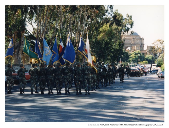 Soldiers marching towards Palace of Fine Arts