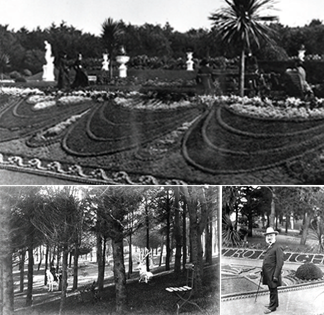 Top: Flower carpet bed on slope, 1880s;  Lower left: The “Old Grove” forest in Sutro Heights, 1880s. Lower right: Adolph Sutro in front of flower bed that spells Sutro Heights, 1880s.
