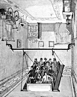 illustration of people sitted on suspended swing in upside down room