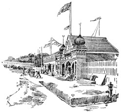 illustration of ornate wooden building with picket fence