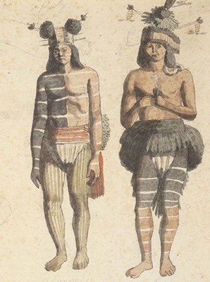 Watercolor by Louis Choris of two Ohlone men living near Mission Dolores