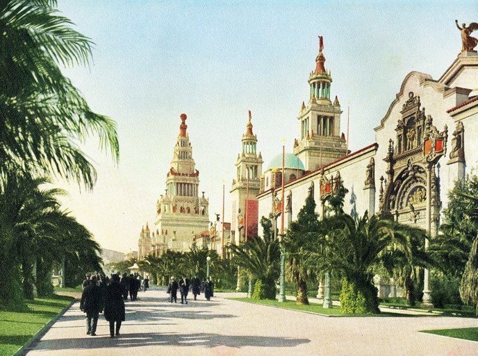 colored illustration of ornate buildings along decorated pathway