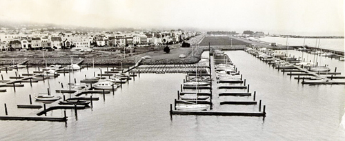 boat slips in small harbor with residential buildings in background