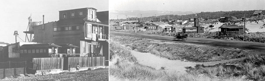 Left: Cluster of wooden buildings behind a wooden fence. Right: A group of singe homes alongside a dirt road.