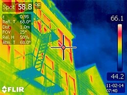 Infrared image of heat loss from building