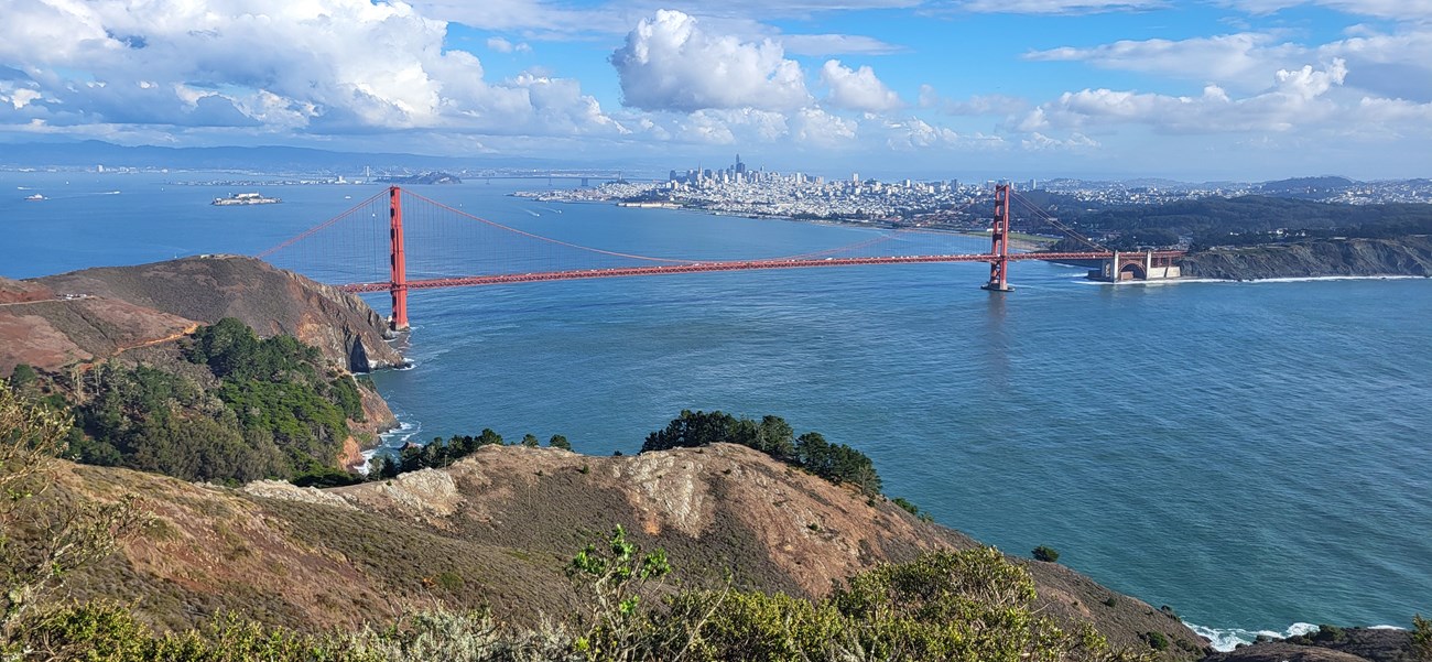 View of Golden Gate Bridge and San Francisco Bay from Hawk Hill in Marin Headlands.