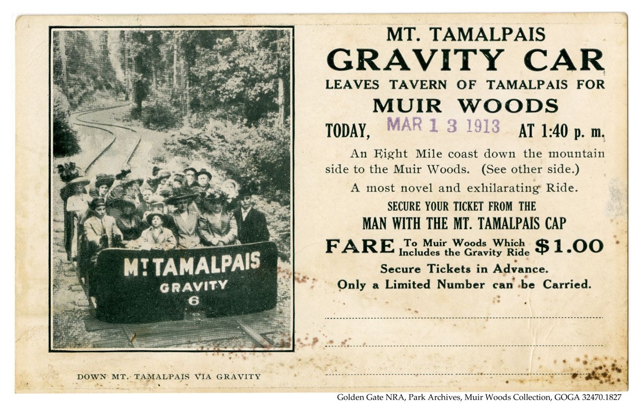 Black and white postcard of Mt. Tamalpais Gravity Car, March 13, 1913