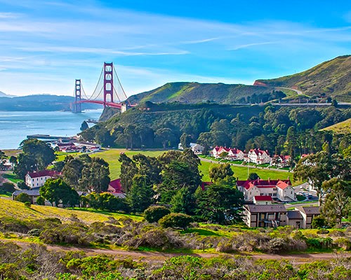 A scenic view of Fort Baker and the Golden Gate Bridge on a clear day facing south.