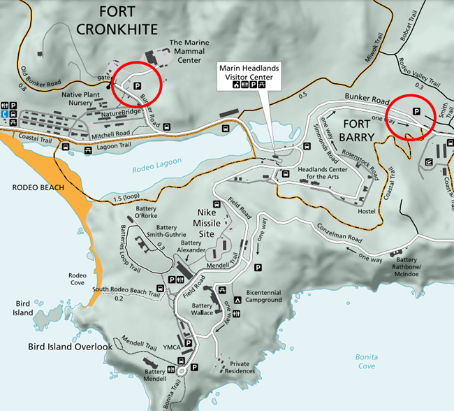 A map of the Marin Headlands. The lower Marine Mammal Center parking lot is circled in red. The Smith parking lot, farther way on Bunker Road, is also circled in red.
