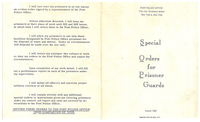 Fort Jay: Special Orders for Prisoner Guards, August 1959