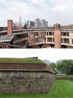 Upper Image: Roof and inner courtyard of Castle Williams with Manhattan Skyline in background. Lower Image: scarp or wall and dry moat of Fort Jay
