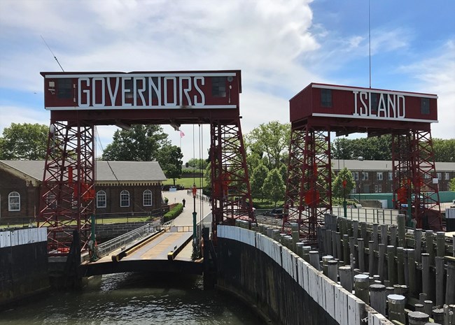 view from the ferry at Soissons Landing with the name Governors Island on the linkspan over the dock